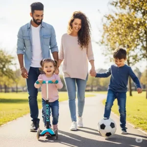 A family enjoying a sunny day outdoors, with their 2-year-old happily scootering alongside, promoting active play and family bonding with the best scooter for 2 year old.