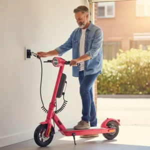  Image depicting a person charging their electric pink scooter, illustrating the ease of recharging.