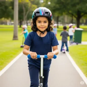 Child wearing a protective helmet while riding a mini micro scooter, emphasizing safety and responsible scooter use.