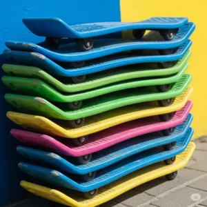 Stack of brightly colored scooter boards, ready for use in a school or gym, indicating a variety of options for different activities.