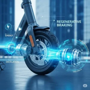 Conceptual image showing the charging mechanism of electric scooter wheels, possibly with regenerative braking, emphasizing energy efficiency.