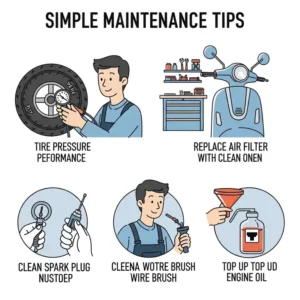 Illustration showing simple maintenance tips for an adult gas scooter, ensuring longevity and performance.
