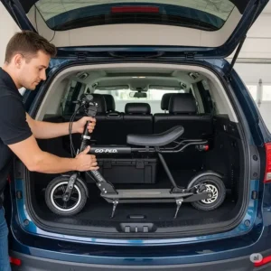 A folded gas scooter goped being easily loaded into the trunk of a car, illustrating its portability for convenient storage and transport.