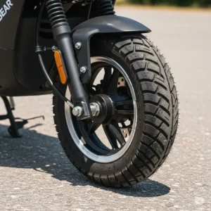 Durable tires and robust wheels of an ice bear scooter 150cc, ensuring stability and grip on various road surfaces.