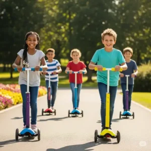 Group of happy children riding various kickboard scooters together in a park, illustrating the social and enjoyable aspect of riding.