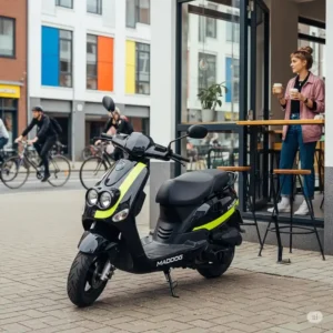 A stylish maddog scooter parked casually outside a trendy cafe, embodying the modern and fun lifestyle associated with owning a maddog scooter.