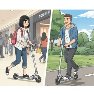 Illustration depicting a micro mini scooter being used in both indoor and outdoor settings, showcasing its versatility for various environments.