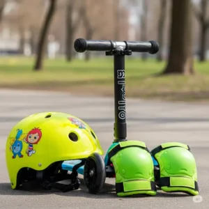  child's helmet and knee pads placed next to a micro scooter mini, emphasizing the importance of safety gear when riding.