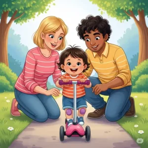 Illustration of parents gently supervising their 2-year-old as they learn to ride their new scooter for 2 year old, promoting safe play.