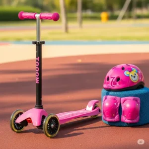 Collection of a pink scooter with matching safety gear, including a helmet and knee pads, promoting safe riding for kids.