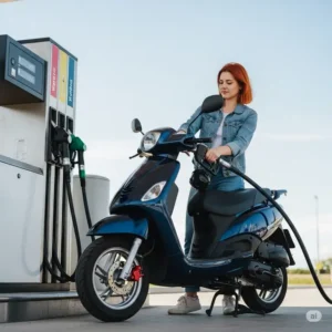 A person easily refueling a gas 50cc scooter at a fuel pump, emphasizing its economical fuel consumption.