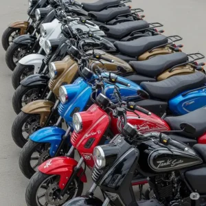 A lineup of tank scooter models in various colors, showcasing the available customization options for this unique motorcycle.