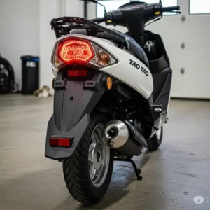 Rear view of a Tao Tao 49cc scooter, featuring its bright taillight for visibility and the compact exhaust system.