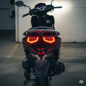 Rear view of a taotao 150cc scooter, emphasizing its taillights and comfortable passenger seating.