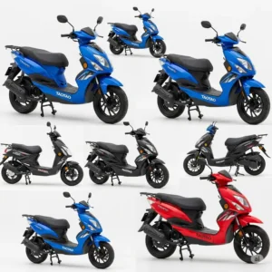 Collage showcasing various vibrant color options available for TaoTao scooters, including blue, black, and red models.