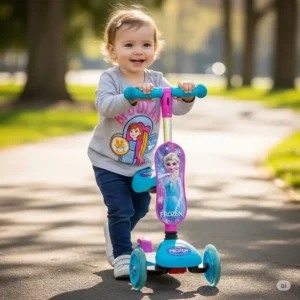 An adorable toddler confidently pushing a stable, lightweight Frozen scooter, ideal for beginners.