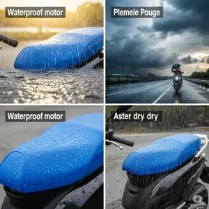 Image highlighting a waterproof motor scooter seat, demonstrating its ability to repel water and remain dry in various weather conditions.