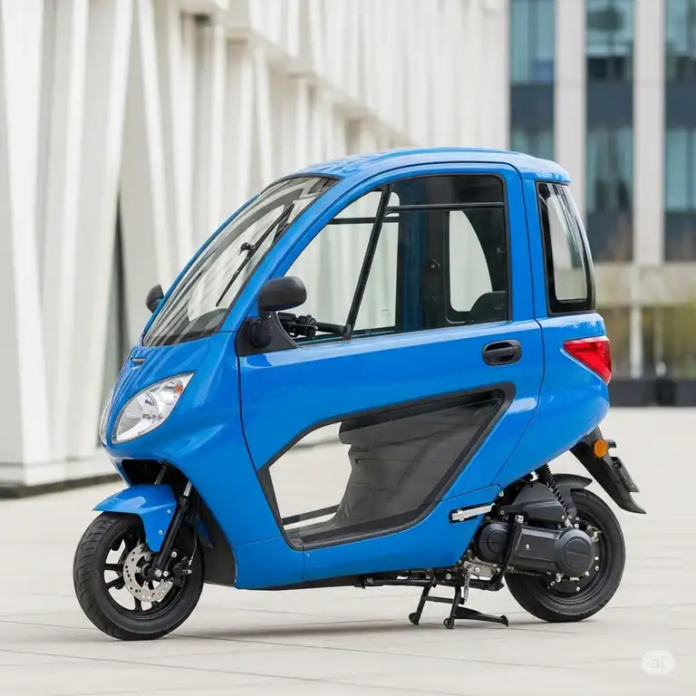 A sleek, compact enclosed cabin scooter under $700, ideal for all-weather commuting, parked outside a modern building.