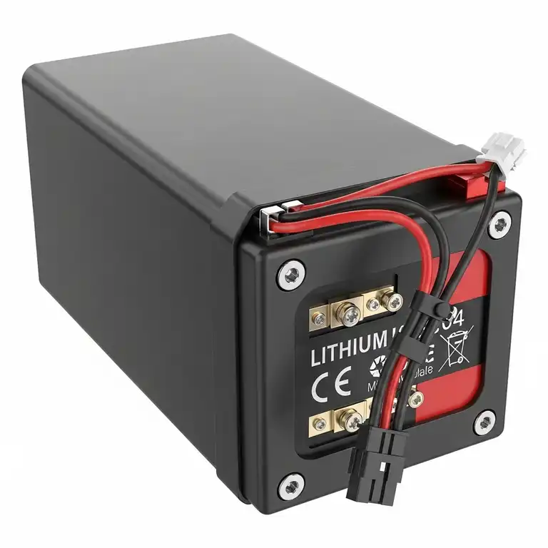 A close-up of a high-performance lithium-ion battery for an electric scooter, showcasing its compact design and connectors.