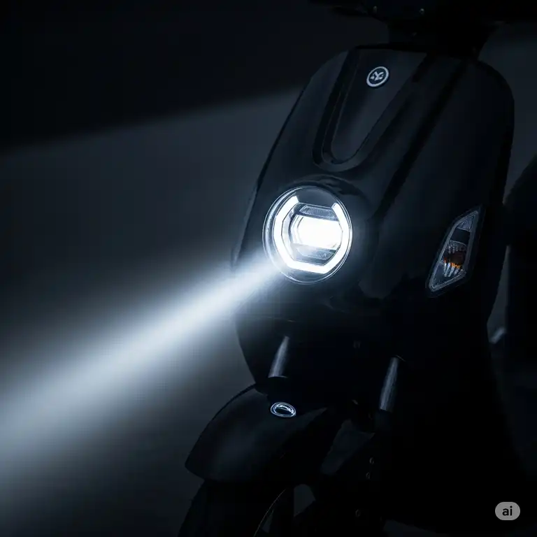 A close-up of a bright, modern LED scooter lights on a sleek scooter, illuminating the path ahead for nighttime riding.