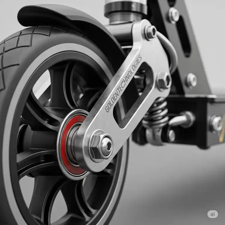 "Close-up of a heavy-duty wheel and suspension, representing durable monster scooter parts golden technologies models, ensuring enhanced mobility."