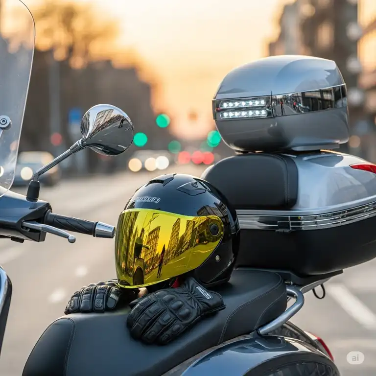 A vibrant display of essential motor scooter accessories, including helmets, gloves, and a top case, ready for an urban adventure.