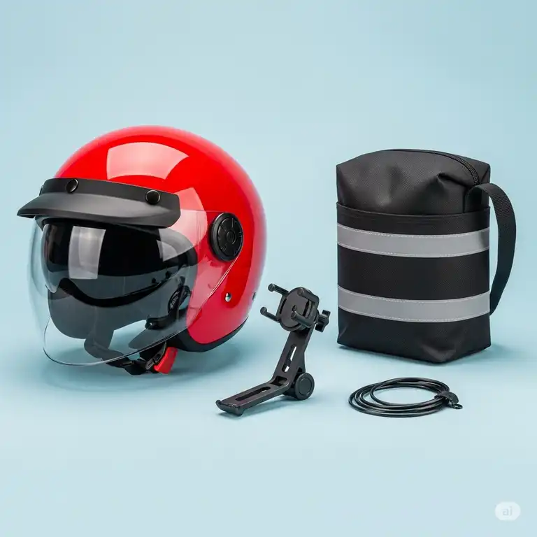 A vibrant collection of essential accessories for a scooter, including a helmet, phone mount, and storage bag, displayed on a clean background.