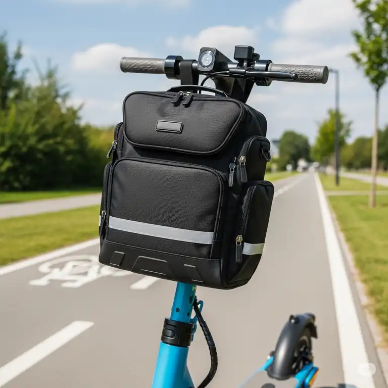 "Stylish black scooter bag attached to the handlebars of a modern electric scooter, perfect for daily commutes and carrying essentials."