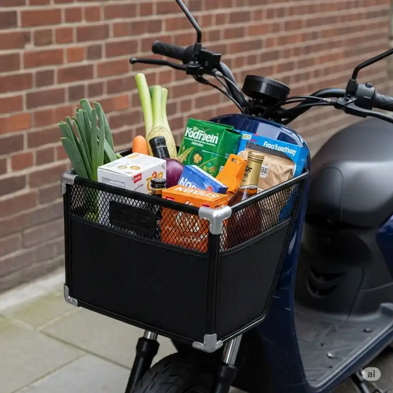 A durable front-mounted scooter basket filled with groceries, showcasing its practical design for daily errands and commuting.