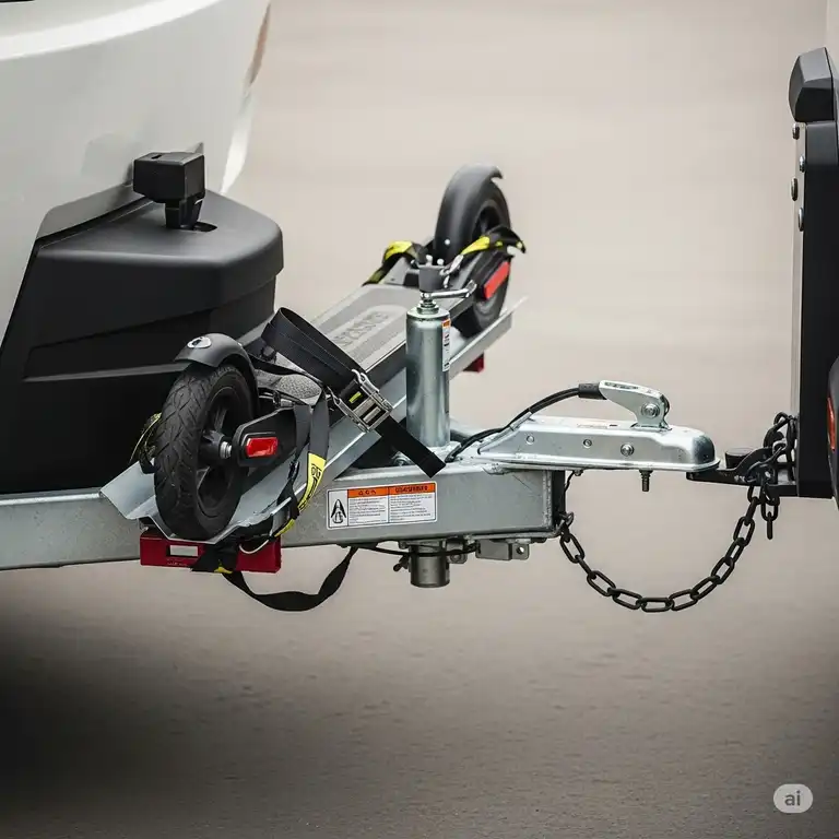 A heavy-duty scooter carrier for trailer hitch, securely transporting a scooter, ideal for RVs and vehicles.