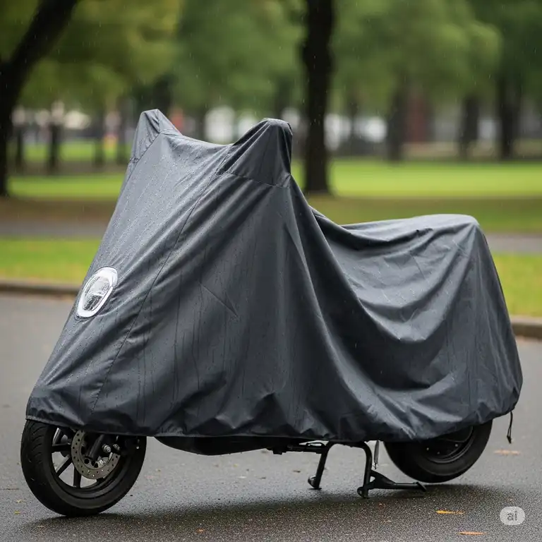 A durable, waterproof scooter cover protecting a parked scooter outdoors from rain and elements.