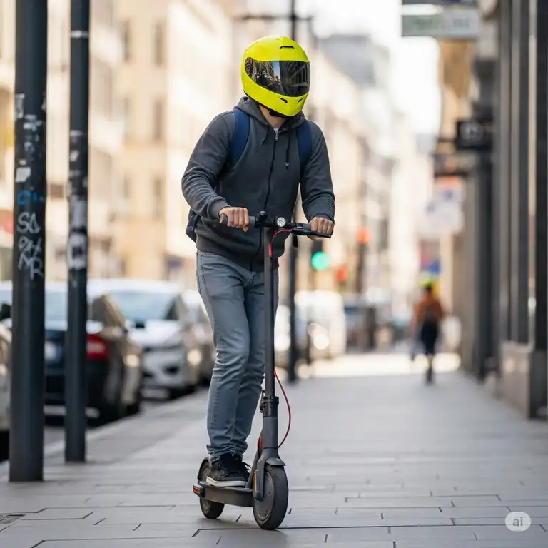 A person wearing a high-visibility scooter helm while riding, emphasizing safety and protection for urban commuting.