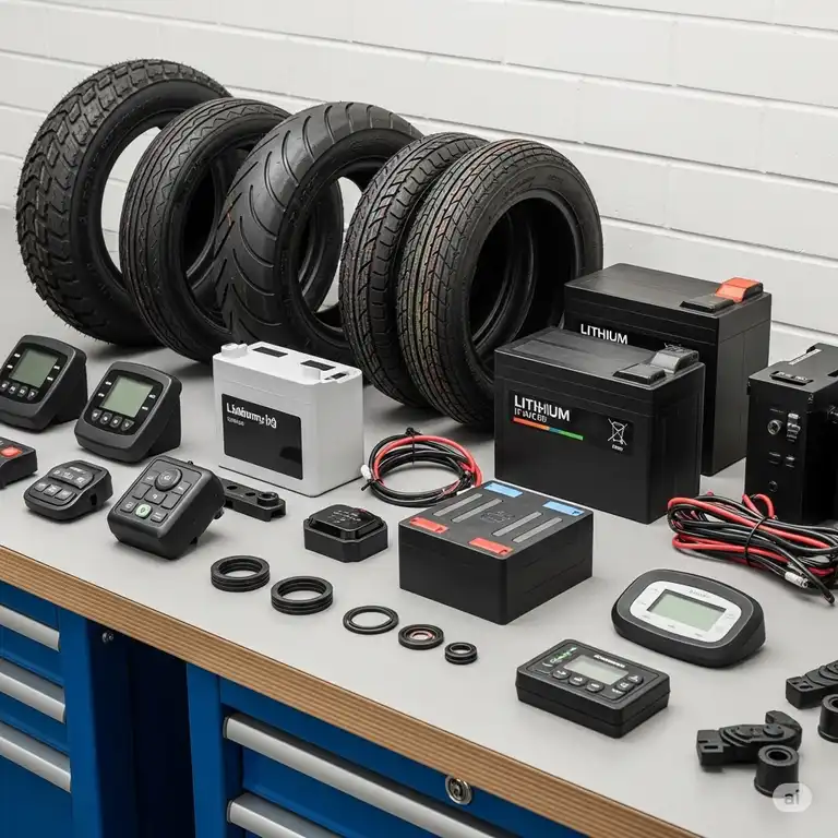 A comprehensive display of essential scooter mobility parts, including tires, batteries, and control panels, laid out on a clean workbench, emphasizing quality and accessibility.