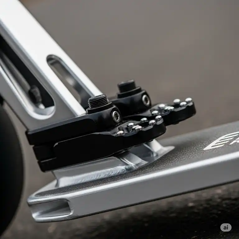 "Close-up of durable aftermarket scooter pegs installed on a pro scooter, ready for stunts and grinds."