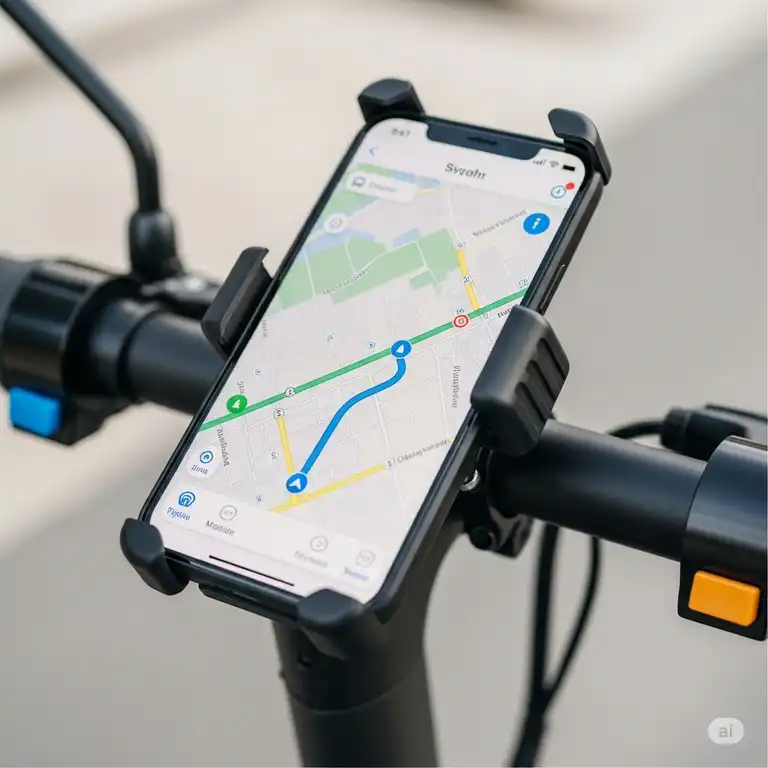 A close-up shot of a durable scooter phone holder securely mounted on handlebars, showcasing a smartphone navigating a map.