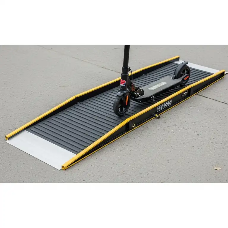 A durable, wide scooter ramp providing safe and easy access for all types of scooters, designed for optimal grip and stability.