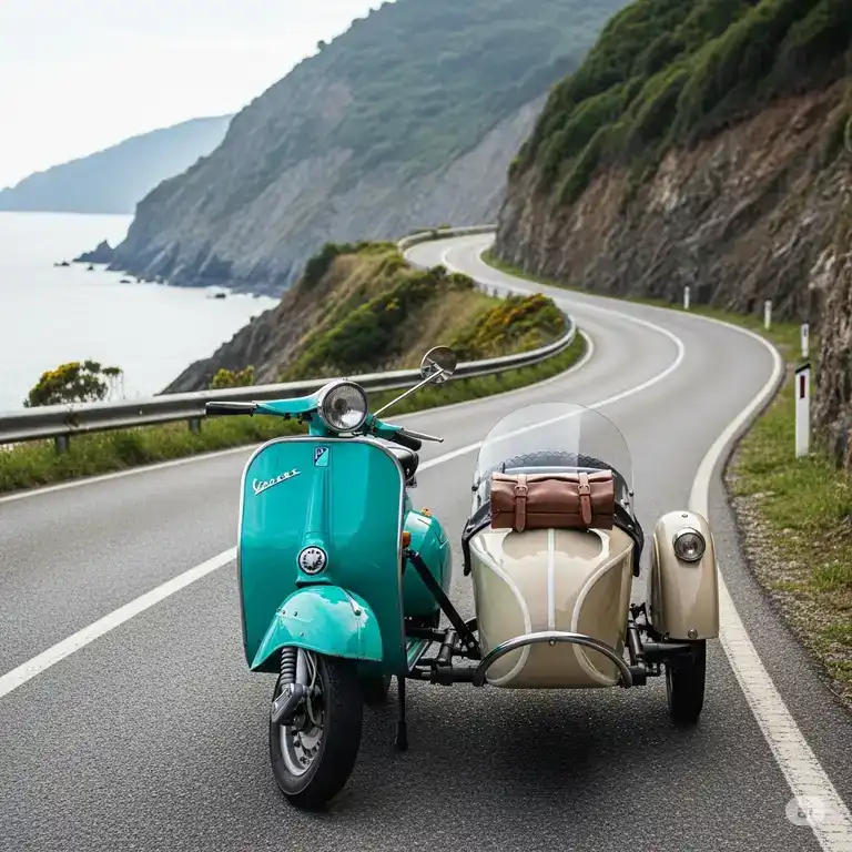 A vintage scooter with a classic scooter sidecar attached, ready for an adventure on a scenic coastal road.