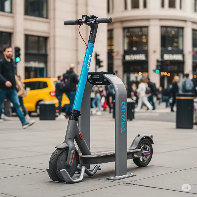 A sturdy and modern scooter stand, securely holding an electric scooter in a bustling urban environment.