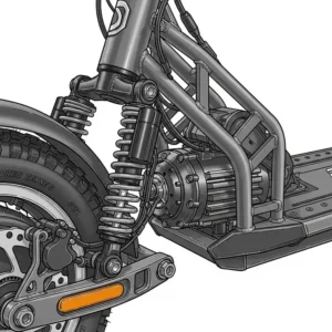 Close-up illustration highlighting the key features of an all-terrain scooter, including its reinforced frame, suspension system, and powerful electric motor.