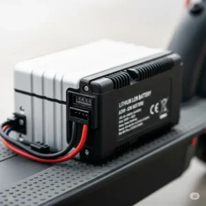 Lithium-ion battery pack for an e-scooter, showing its compact design and connectors, crucial for electric scooter power, a key e scooter parts.