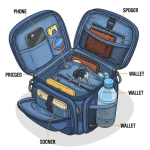 "Illustration showcasing the spacious interior and various compartments of a scooter bag, holding items like a phone, wallet, keys, and water bottle."