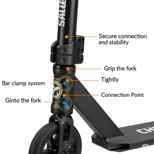 Detail view of a scooter bar clamp system ensuring a secure connection to the fork, vital for stability.