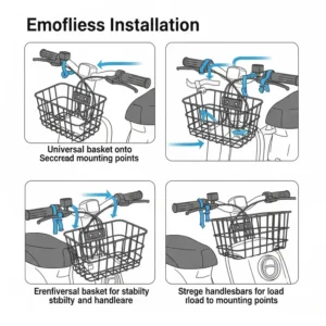 Diagram illustrating the easy installation process of a universal scooter basket on handlebars, highlighting secure mounting points.