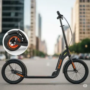 Side view of a high-performance kick scooter featuring oversized wheels, highlighting its stability and robust design.