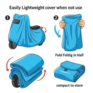 An illustration demonstrating how easily a lightweight scooter cover can be folded and stored when not in use.
