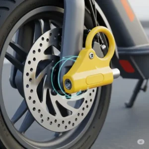 Close-up illustration of a bright yellow disc lock scooter's brake rotor, emphasizing portable scooter security.