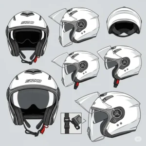 Illustration showcasing various angles of a modern scooter helm, highlighting its aerodynamic design and features.