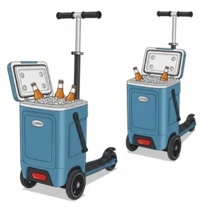 Detailed illustration showcasing the innovative design of a scooter ice chest, highlighting its compact size, durable wheels, and insulated interior.