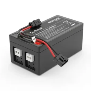 High-performance scooter mobility battery, illustrating its compact design and connectors, highlighting its crucial role for reliable power.