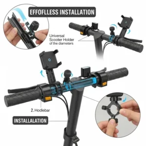 Diagram illustrating the easy installation process of a universal scooter phone holder onto a scooter's handlebars.